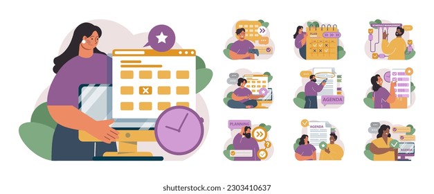 Schedule management set. Character planning or checking task, appointment or assignment in a planner. Corporate agenda, time table organization for performance efficiency. Flat vector illustration