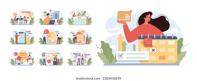 Schedule management set. Character planning or checking task, appointment or assignment in a planner. Corporate agenda, time table organization for performance efficiency. Flat vector illustration