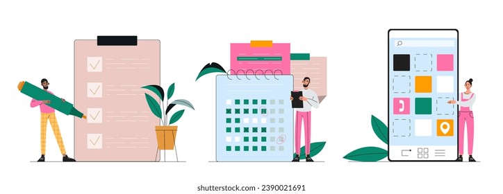 Schedule management set. Planning and time management. Men with to do list and calendar. Motivation and organization of effective workflow. Cartoon flat vector collection isolated on white background