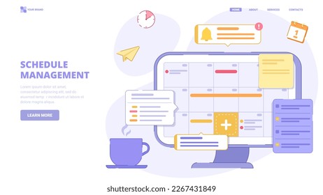 Schedule management, time planing, list of tasks online, to do reminder app, checklist, calendar application. Flat design concept for landing page. Vector illustration.