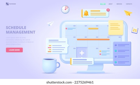 Schedule management, time planing, list of tasks online, to do reminder app, checklist, calendar application. 3d design concept for landing page. Three dimensional vector illustration.