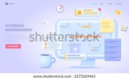 Schedule management, time planing, list of tasks online, to do reminder app, checklist, calendar application. 3d design concept for landing page. Three dimensional vector illustration.