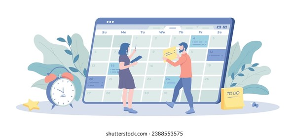 Schedule Management. Time planning, list of tasks online, to do reminder app, checklist, calendar application. Business people planning schedule. Vector illustration with character situation for web.