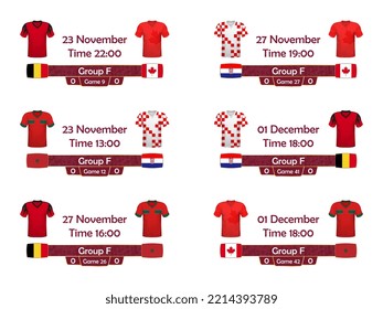   Schedule match with national flags and t-shirts countries in soccer world championship. Vector illustration.