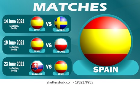 Schedule of matches of the Spanish national team in the final stage of the European Football Championship 2020. Isolated objects. Vector image.