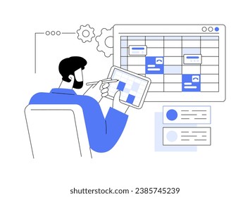 Schedule a meeting abstract concept vector illustration. Man using meeting management app, planning software, modern business technology, company teamwork, new event schedule abstract metaphor.