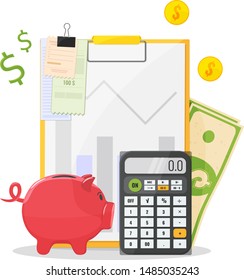 Schedule monthly expenses planning with receipts, money, piggy Bank and calculator. Flat style vector