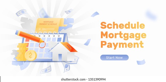 Schedule mortgage payment vector banner template with desk calendar, house-moneybox and mortgage agreement. Flat with gradients style.