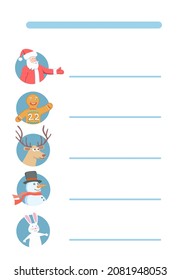 Schedule for New Year Holidays. Christmas Characters in Stylized Timetable or Menu. Santa Claus, Gingerbread man, Reindeer with antlers, funny Snowman and smiling Hare in planner. Vector illustration.