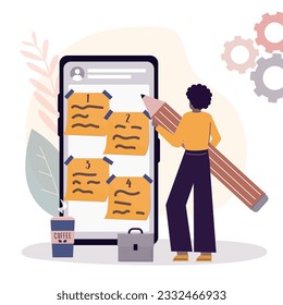 Schedule and notes in mobile application. Smart woman write goals on sticky notes in app. Entrepreneur sets different business goals. Time management. Girl focuses on tasks. flat vector illustration