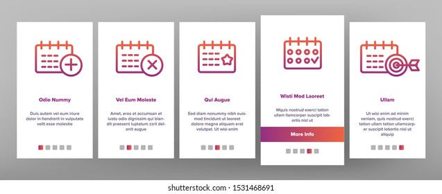 Schedule Onboarding Mobile App Page Screen Vector Thin Line. Calendar With Clock And Human, Heart And Bell, Dollar And Gear Mark Schedule Concept Linear Pictograms. Contour Illustrations