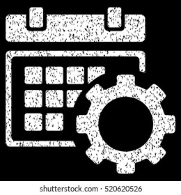 Schedule Options grainy textured icon for overlay watermark stamps. Flat symbol with dust texture. Dotted vector white ink rubber seal stamp with grunge design on a black background.