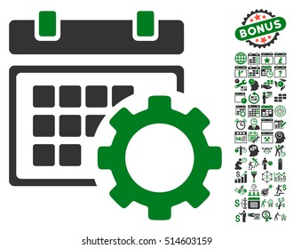 Schedule Options pictograph with bonus calendar and time management pictogram. Vector illustration style is flat iconic bicolor symbols, green and gray colors, white background.