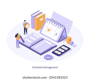 Calendario y concepto de organización. Planeación de personajes, organización de tareas de trabajo, cita de calendario, lista de tareas pendientes. Plantilla infográfica de gestión del tiempo. Ilustración vectorial isométrica 