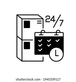 Schedule package pickup black linear icon. Mail service organization, postal logistics outline symbol on white space. Parcel arrival time tracking. Boxes and calendar vector isolated illustration