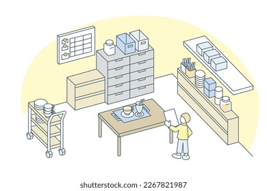 Schedule in the pantry space.
Various items are placed.