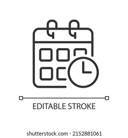 Schedule pixel perfect linear icon. Planning activities. Events calendar. Impending deadlines. Thin line illustration. Contour symbol. Vector outline drawing. Editable stroke. Arial font used