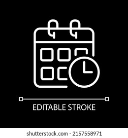 Schedule pixel perfect white linear icon for dark theme. Events calendar. Track impending deadlines. Thin line illustration. Isolated symbol for night mode. Editable stroke. Arial font used