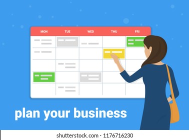 Schedule planner concept vector illustration of young woman standing near big calendar and planning working week. Flat design of business people fulfilling work schedule for effective task management