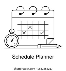 Icono de planificador de planificación en diseño de línea, reloj con calendario 