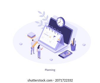 Schedule Planning 3d Isometric Illustration. Character Standing Near Laptop And Filling Up A Calendar. Business Plan And Time Management Concept. Vector Illustration.