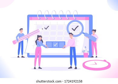 Schedule planning and calendar concept. Young people or workers planning on huge calendar, project development and time management, vector illustration