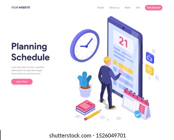 Schedule Planning Concept. Flat isometric vector illustration on White Background. Template for landing page, ui, web, homepage, banner, infographics, hero images