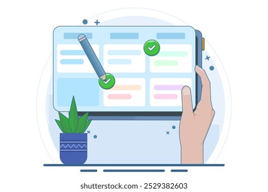 Schedule planning concept. Vector flat illustration banner. Work tasks, filling checklist, making schedule using calendar. To-do list. Business and organization. Flat vector illustration.
