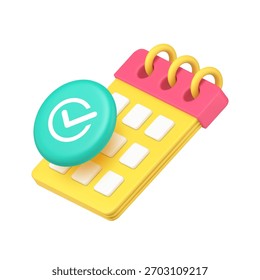 Planifique la planificación y el concepto de confirmación de eventos con el calendario y el símbolo de marca de verificación de Aprobación para la aplicación de gestión de tareas. Icono 3d moderno Ilustración vectorial realista