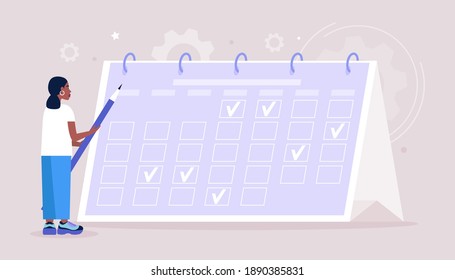 Programación, planificación, eventos, concepto de administración del tiempo. Ilustración de vector plana colorida