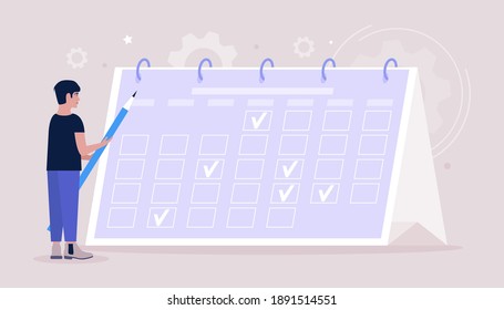 Programación, planificación, eventos, concepto de administración del tiempo. Ilustración de vector plana colorida