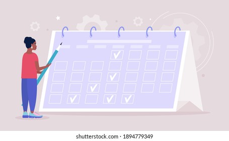 Programación, planificación, eventos, concepto de administración del tiempo. Ilustración de vector plana colorida