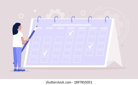 Programación, planificación, eventos, concepto de administración del tiempo. Ilustración de vector plana colorida
