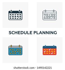 Schedule Planning icon set. Four elements in diferent styles from business management icons collection. Creative schedule planning icons filled, outline, colored and flat symbols.