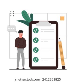 Schedule planning illustration . Characters plan work tasks, check the list of completed tasks . Business management and organization. Vector illustration.