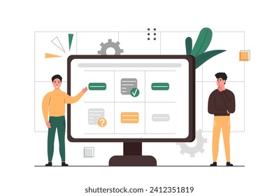 Schedule planning illustration. Characters work in a team. Characters plan work tasks and delegating important work tasks. Business management and organization. Vector illustration.