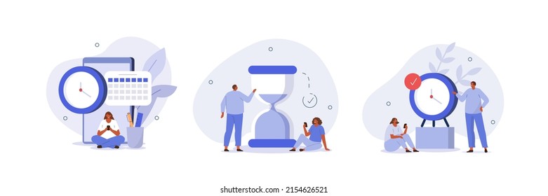 Schedule planning illustration set. Characters managing work tasks and deadline time using calendar. Time management and organization concept. Vector illustration.