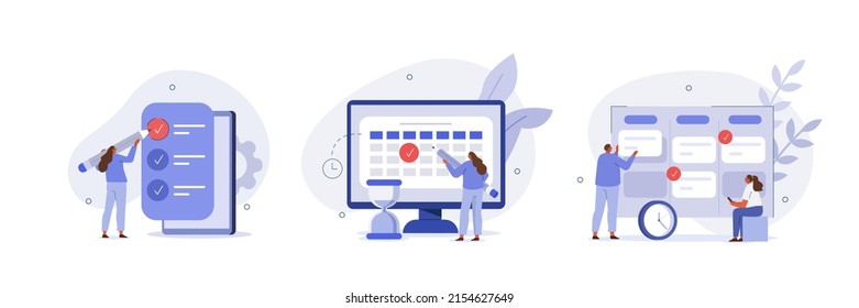 Schedule planning illustration set. Characters planning work tasks, filling check list, making schedule using calendar. Business and organization concept. Vector illustration.