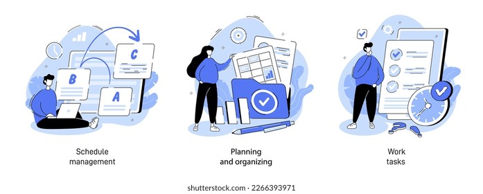 Schedule planning illustration set. Characters making calendar appointments and to do list. Characters planning work tasks, filling check list. Business and organization concept for marketing design.