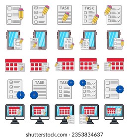 Programar conjunto de ilustraciones de planificación. Caracteres planificando tareas de trabajo, rellenando la lista de comprobación, haciendo la planificación mediante el calendario. Concepto de empresa y organización. Ilustración vectorial.