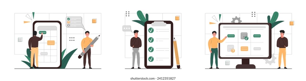 Schedule planning illustration set. Characters work in a team. Characters plan work tasks, check the list of completed tasks and delegating important work tasks. Business management and organization.