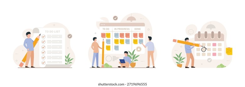 Schedule planning illustration set. Characters planning work tasks, filling check list, making schedule using calendar. Business and organization concept vector illustration