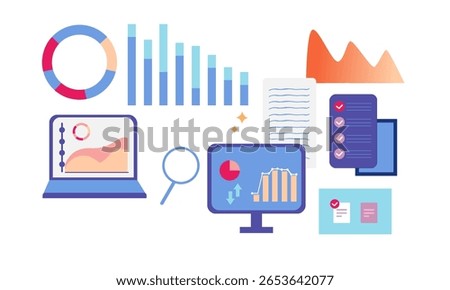 Schedule planning illustration set. work tasks, filling check list, sticky note. Search engine optimation and analytical graphic diagram. Business organization concept. Vector illustration.