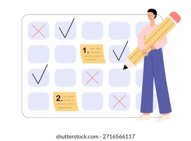 Planung planen. Man Charakter Planung Arbeitsaufgaben, füllen Checkliste, Erstellen von Zeitplan mit Kalender. Zeitmanagement, Selbstmanagement, Produktivität am Arbeitsplatz. Flache Vektorgrafik