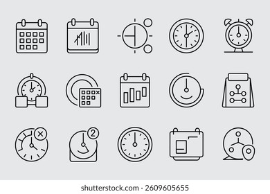 Schedule Planning Management Calendar Time Clock Thin Line Icons Set