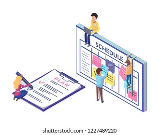 Schedule and planning on clipboard, business strategy worked out by workers. People organizing tasks vector. Writing plans and sticking notes ideas