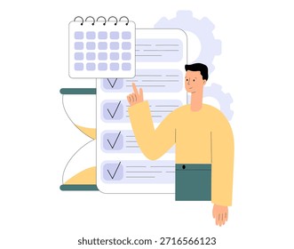 Programe la planificación en línea. Tareas de trabajo de planificación de caracteres, rellenar lista de comprobación, realizar programación mediante calendario en App. Gestión del tiempo, autogestión, productividad en el trabajo. Ilustración vectorial plana