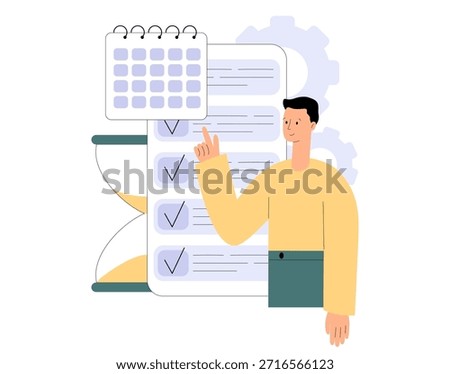 Schedule planning online. Character planning work tasks, filling check list, making schedule using calendar in app. Time management, self management, productivity at work. Flat vector illustration
