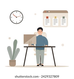  Schedule planning scene. Characters planning work tasks. Businessman sits at a computer and checks the completion of tasks according to the schedule. Business and organization concept. Vector 