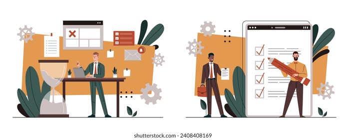 Schedule planning set. Two men with to do list and calendar. Time management and scheduling, organizing effective work process. Cartoon flat vector collection isolated on white background